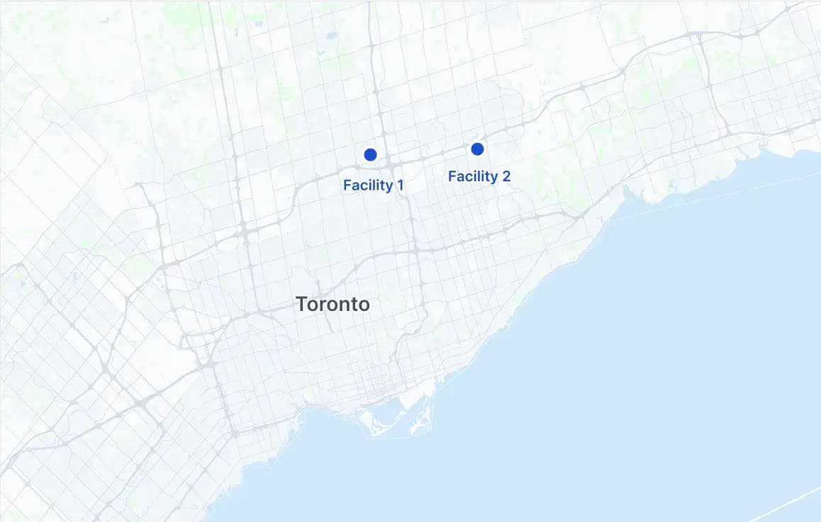 Map of the Toronto area showing both United Chargers facilities