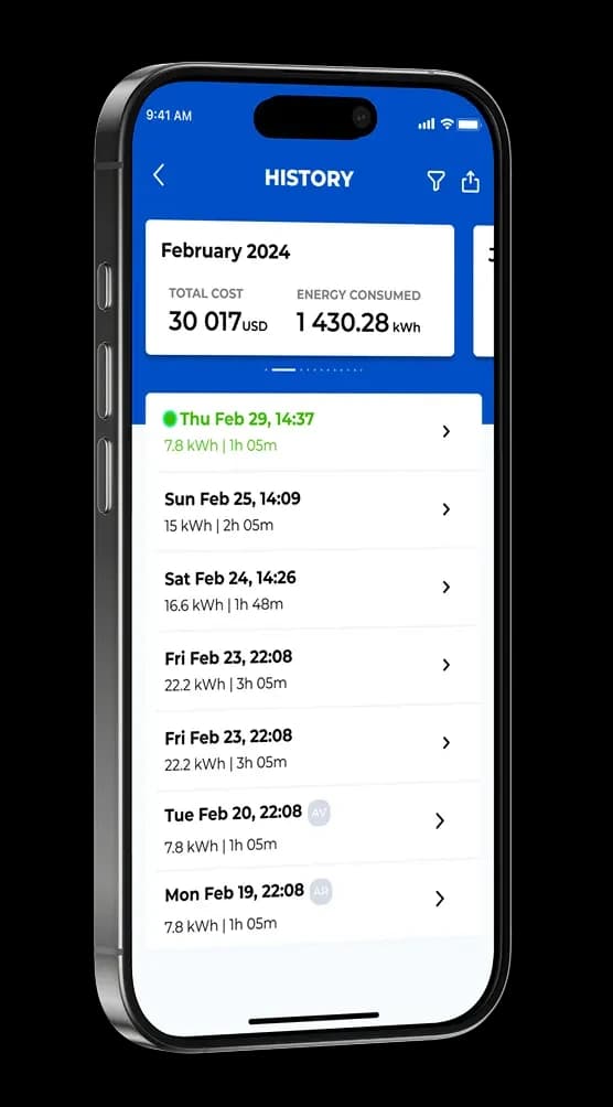 The Grizzl-E Connect app showing a month of charging history
