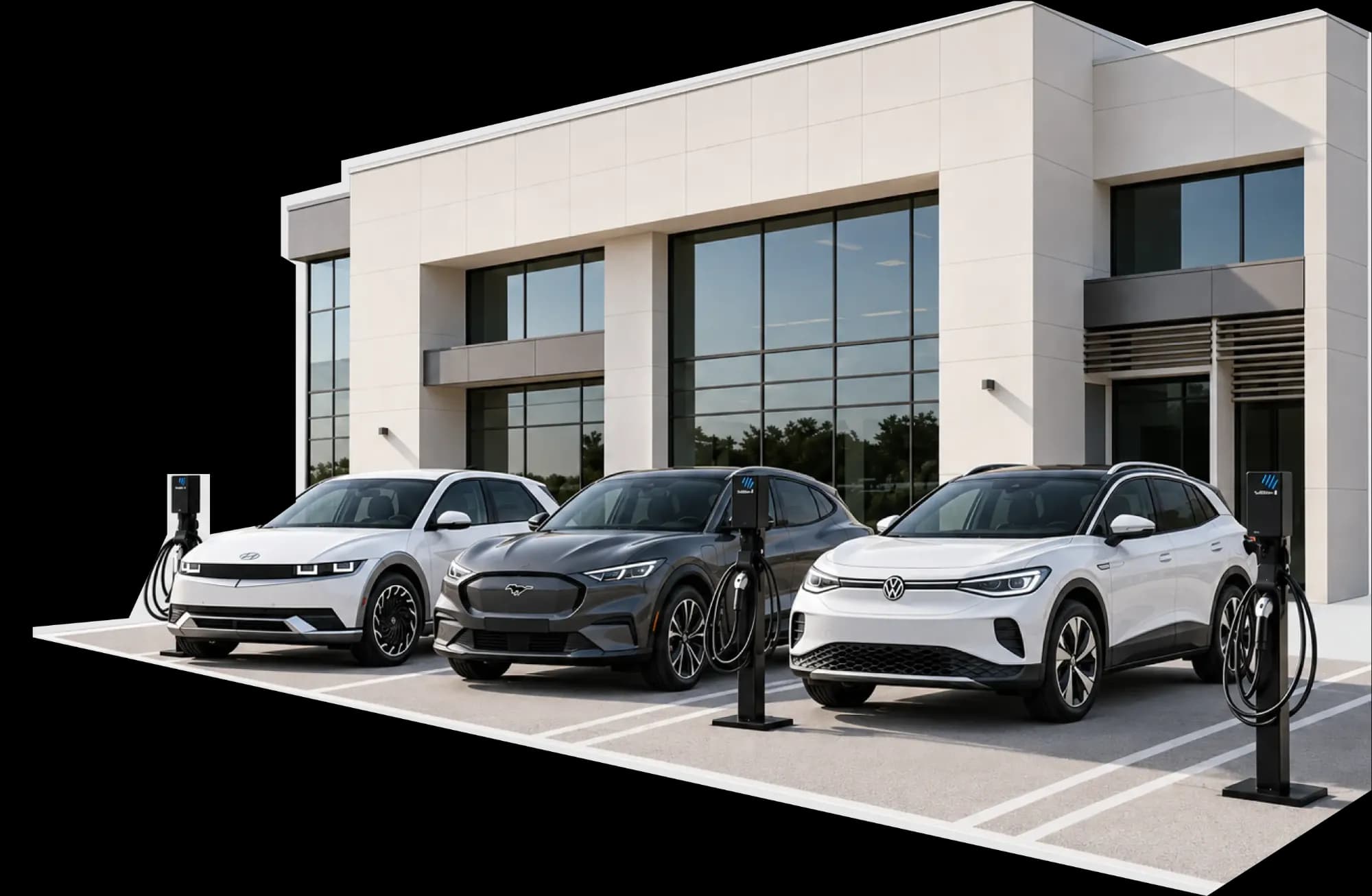 Three electric cars charging at Grizzl-E pedestals outside an office building