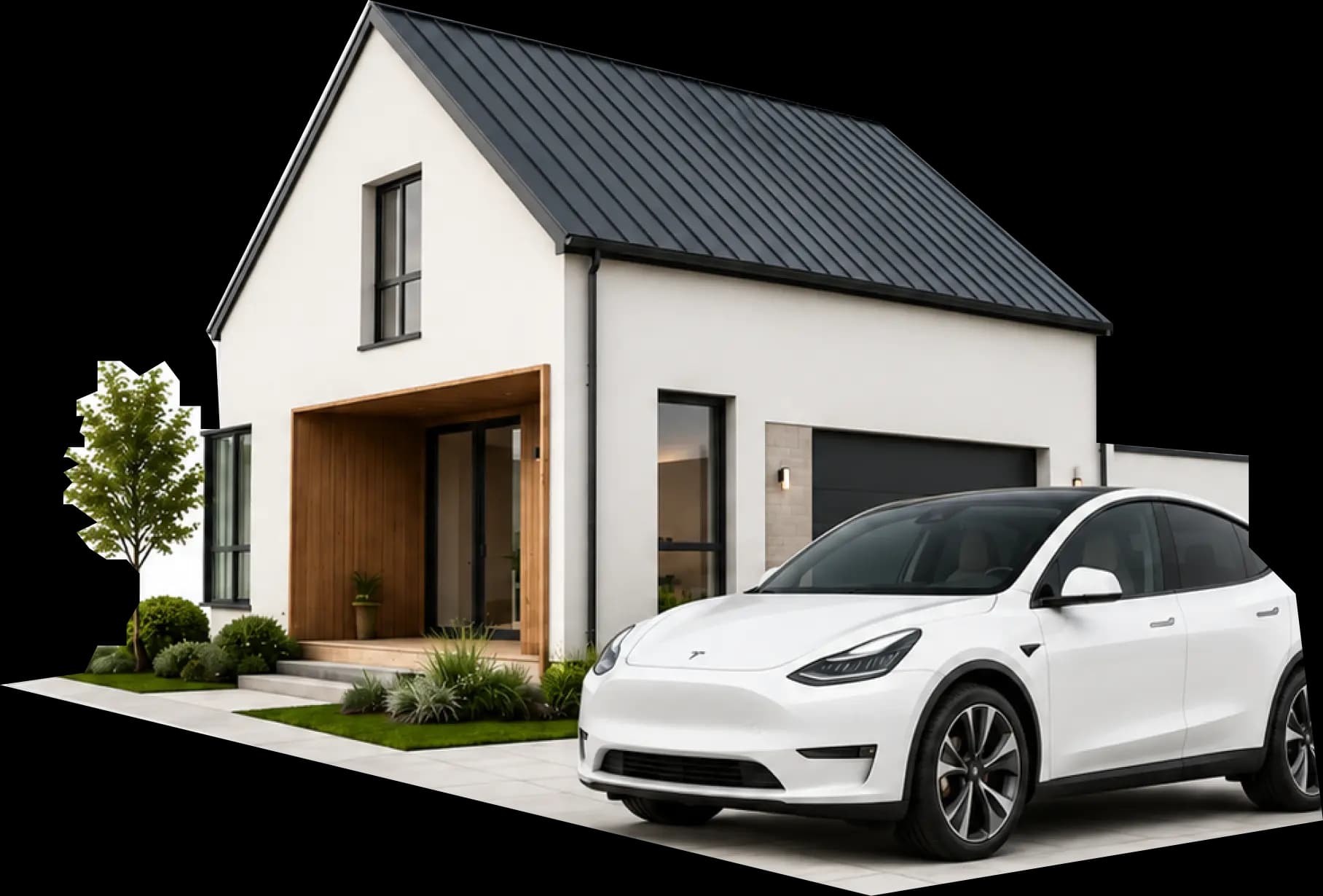 A white electric SUV parked in front of a modern house