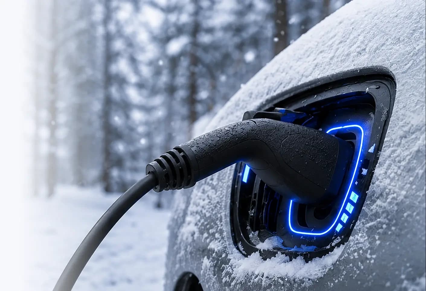 A charging connector plugged into a snow-covered electric car
