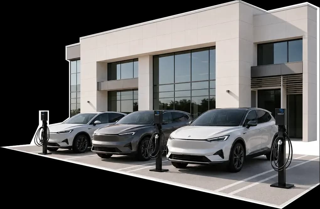 Three electric cars charging at Grizzl-E pedestals outside an office building
