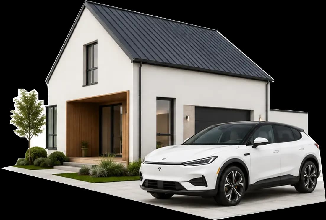 A white electric SUV parked in front of a modern house